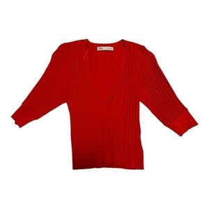 Zara Ribbed Top V-neck Vibrant Red Blouse